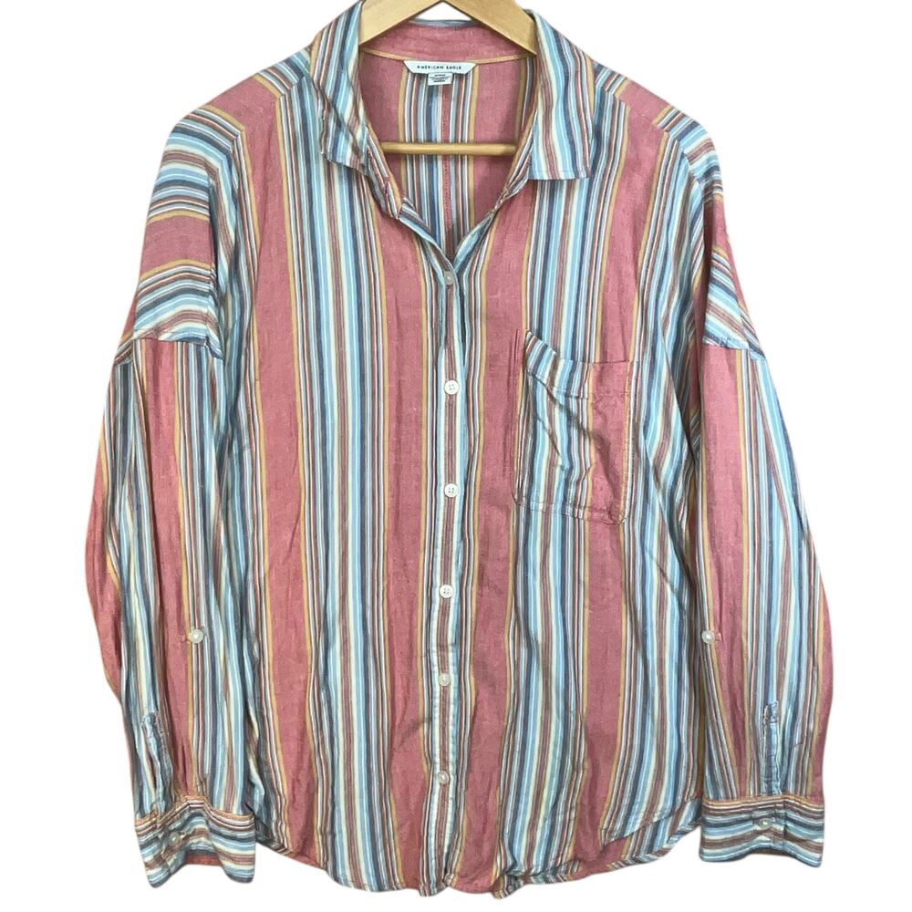 American‎ Eagle Womens Pink Stripe Viscose Linen Blend Lightweight Button Down M